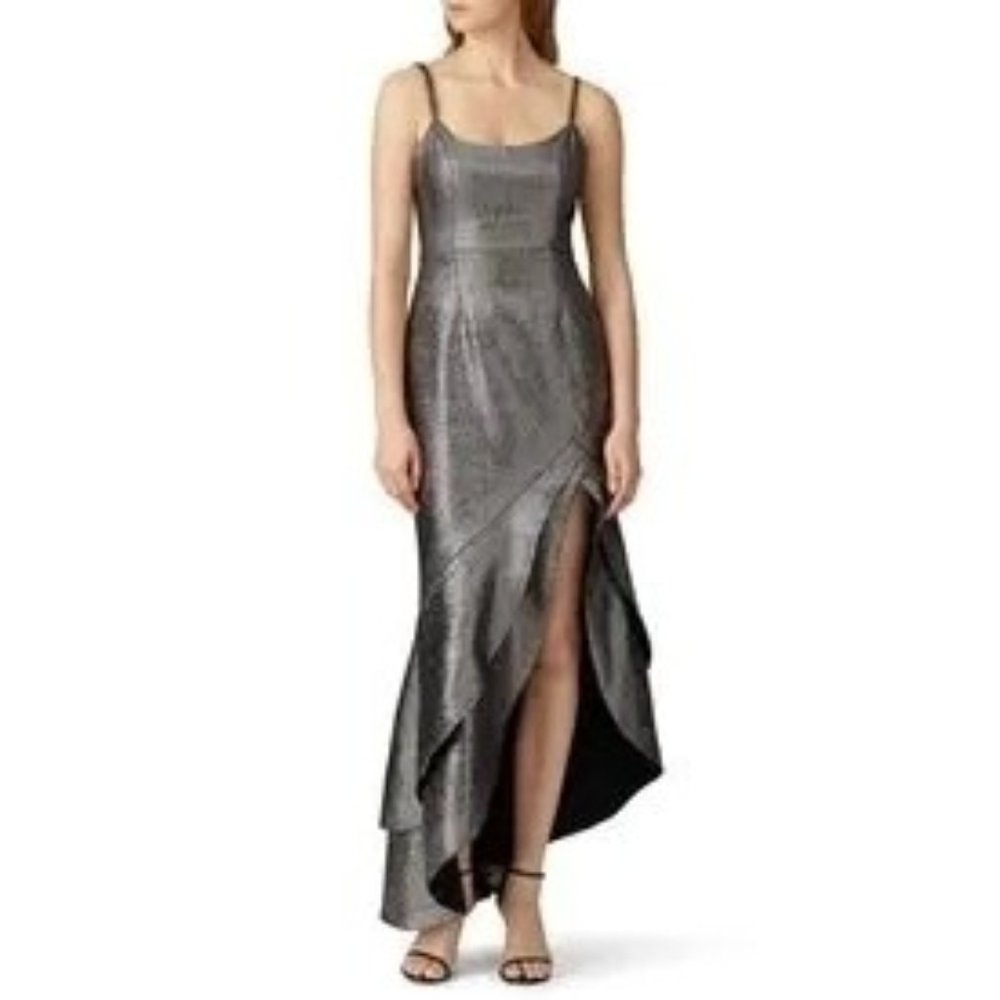 Hutch Women's Silver Metallic Malia Cutout Gown Dress Ruffle Side Slit Size 2